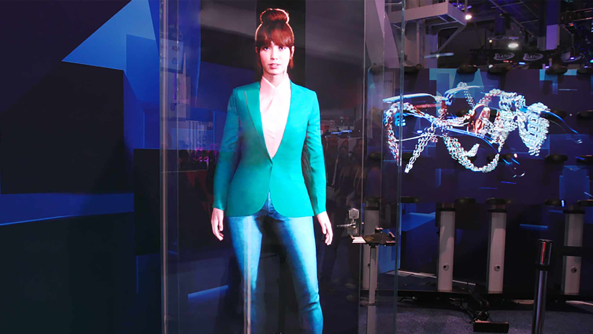 Hologram mens huren. Afbeelding toont avatar die de mensen antwoord geeft op hun vragen