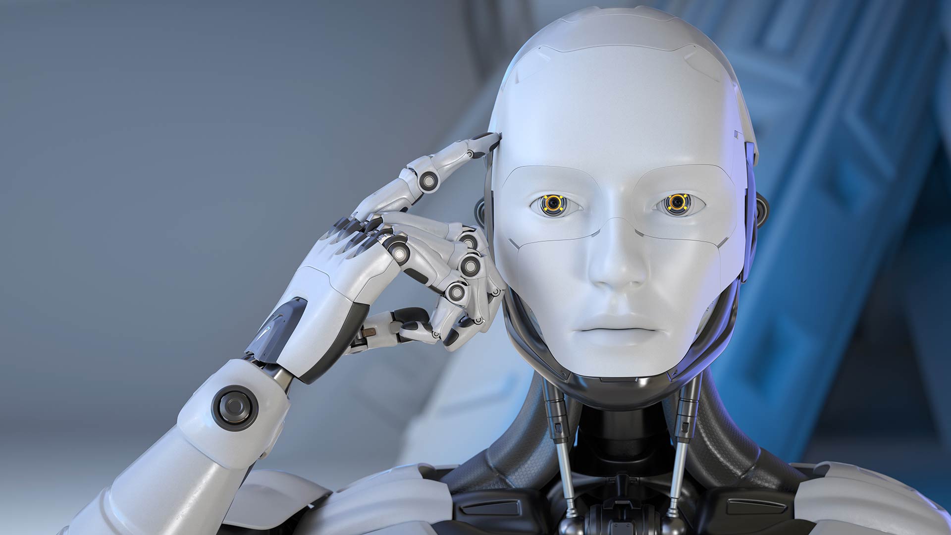 Phygital marketing. Afbeelding toont robot en brengt zijn vinger aan het hoofd alsof hij wil zeggen dat we voor een evolutie staan