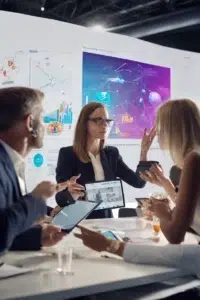 Een consultant presenteert een visueel plan voor merkervaring via technologie.