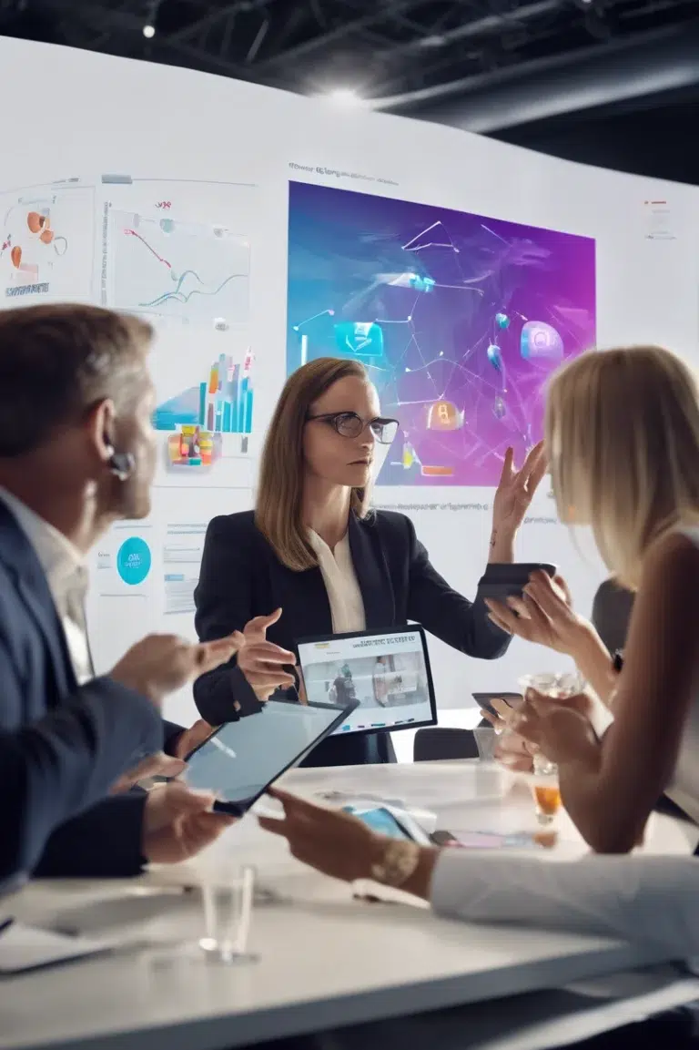 Een consultant presenteert een visueel plan voor merkervaring via technologie.