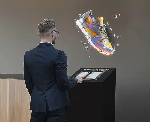 illustratie toont een man die een digitale bibliotheek bedient. Deze bibliotheek bevat de beschikbare 3D animaties