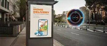 illustratie toont een bushok met daarop reclame.