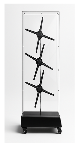 budget hologram projector met 3 toestellen in een plexi kast