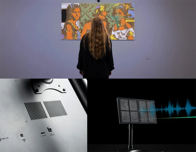 Interactieve museumtentoonstelling met directionele luidspreker voor gerichte audio-ervaring zonder omgevingsgeluid