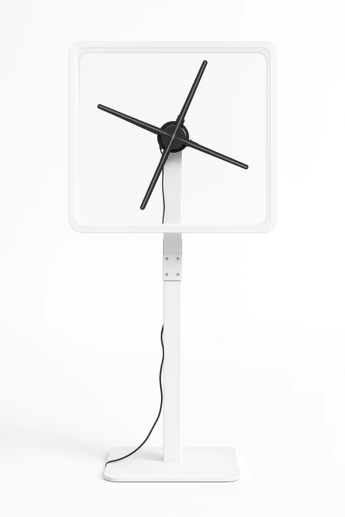 hologram op witte voet met plexi kast